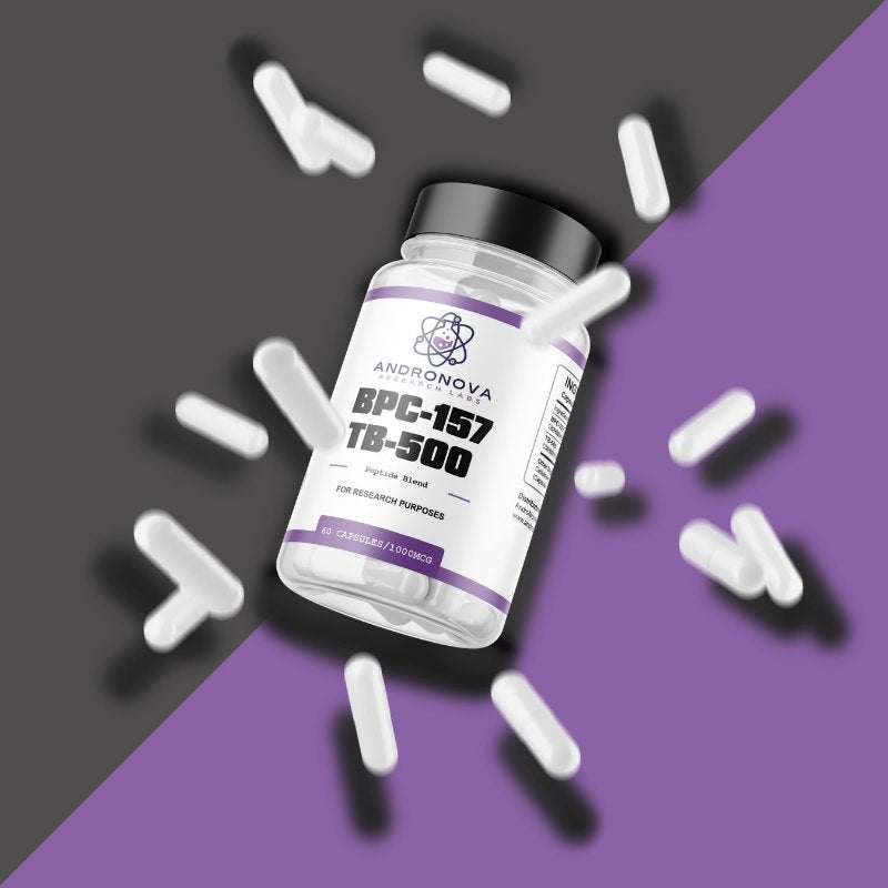 AndroNova Research Labs BPC-157 TB-500 peptide blend bottle with white capsules on purple gray background