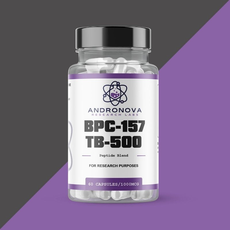 AndroNova Research Labs clear bottle of capsules labeled BPC-157 TB-500 peptide blend research peptide for lab studies