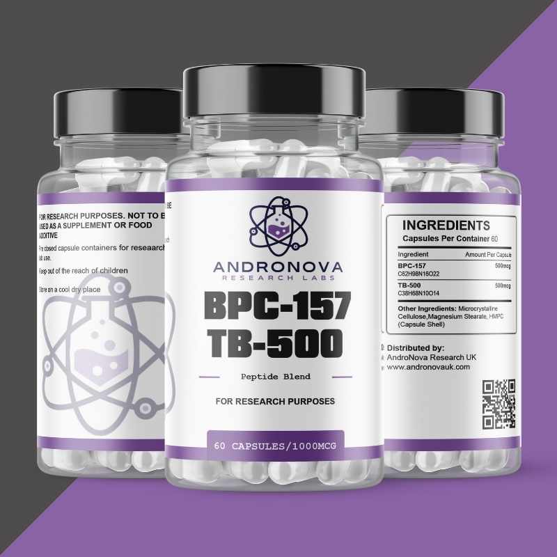 AndroNova Research Labs BPC-157 TB-500 peptide blend research peptide 60 white capsules in clear bottle