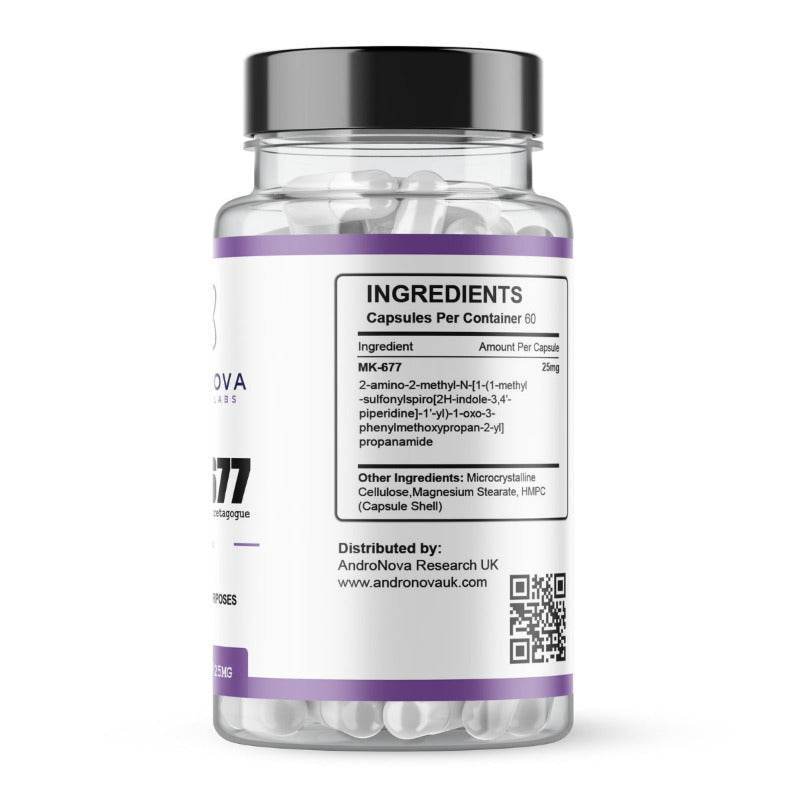 AndroNova Research Labs MK-677 and RAD-140 bundle supplement bottle showing ingredients label