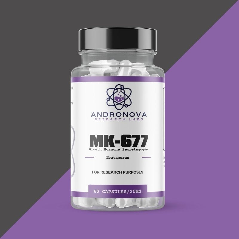 AndroNova Research Labs MK-677 growth hormone secretagogue bottle with 60 white capsules 25 mg label