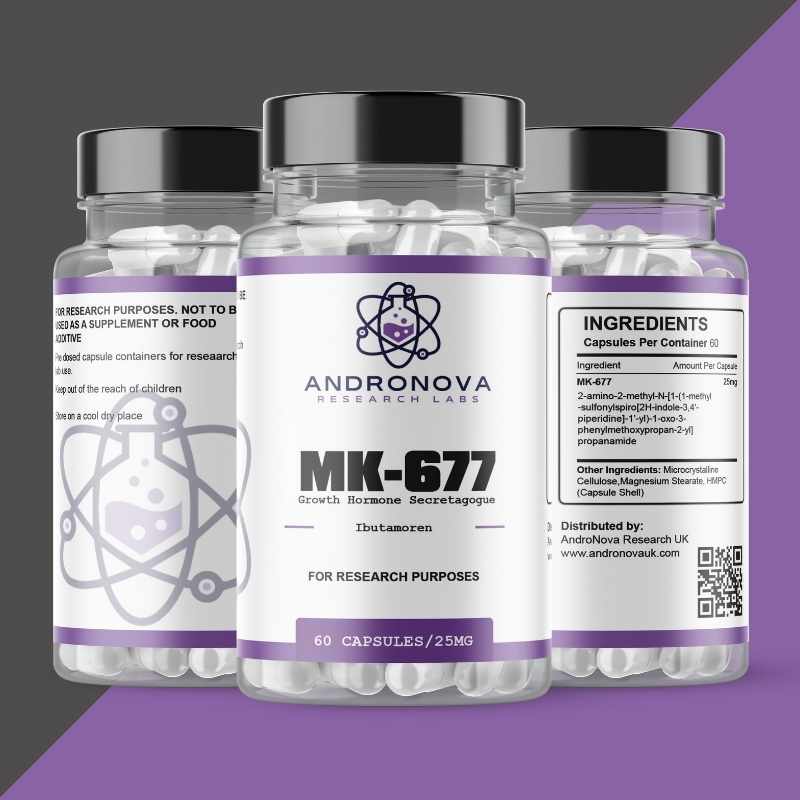MK-677 growth hormone secretagogue bottles by AndroNova Research Labs 60 capsules 25 mg white pills