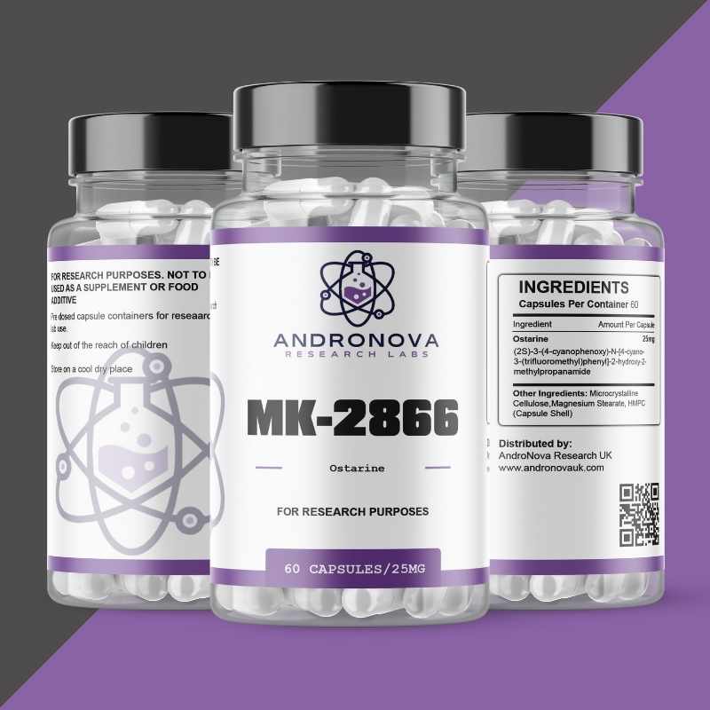 AndroNova Research Labs MK-2866 Ostarine research capsules 60 count 25mg clear bottles with white capsules
