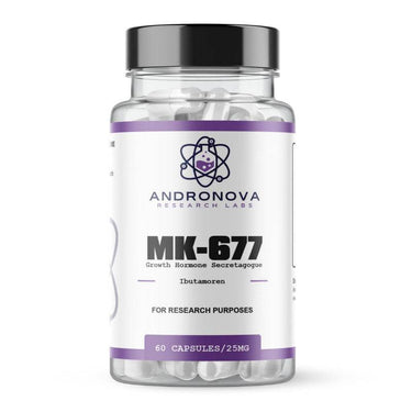 AndroNova Research Labs MK-677 Growth Hormone Secretagogue bottle containing 60 capsules of 25 mg each